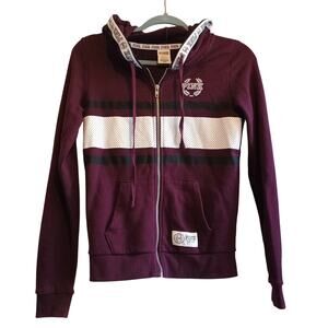 PINK Victoria's Secret Full Zip Hoodie XS Maroon White Black Stripe Mesh‎ 2016